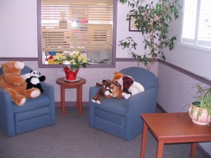 Shelter living room with a couple small side tables and two single couch seats with teddy bears.