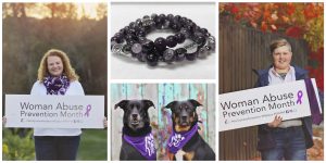 A woman and a boy on opposites sides holding Woman Abuse Prevention Month signs. Top Middle are purple hope bracelets and bottom middle there are two dogs wearing pet bandanas in purple with the word love written on them.