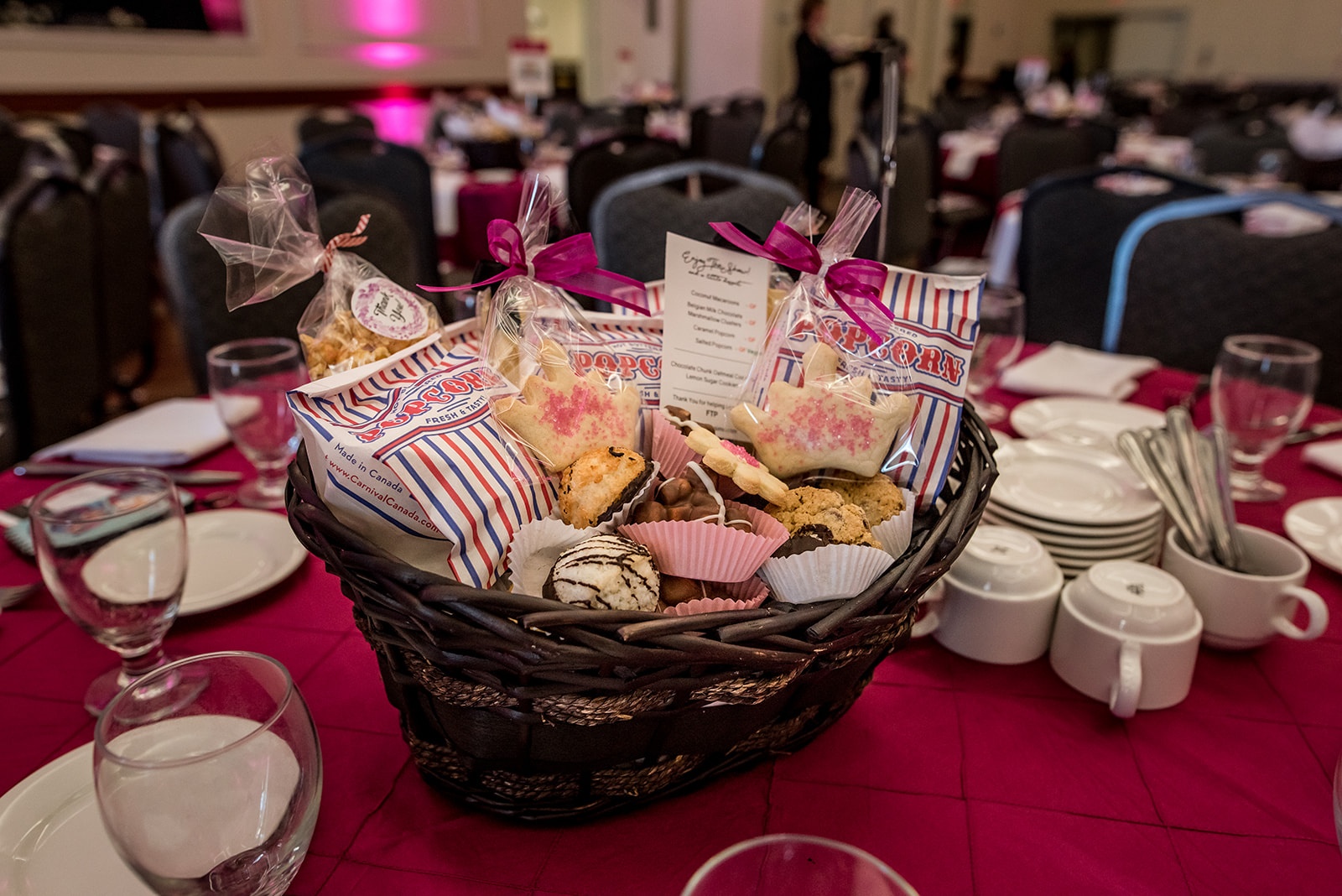 Cookie basket in the centre of table at the 2020 International Women's Day Celebration Luncheon.
