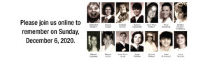 Headshots of fourteen women labelled with names who were killed in Montreal in 1989.