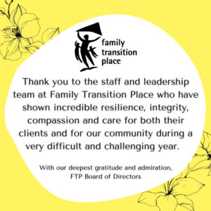 Thank you message from FTP board of directors for all of their hard work through a challenging year text on a white background with a yellow and black floral border