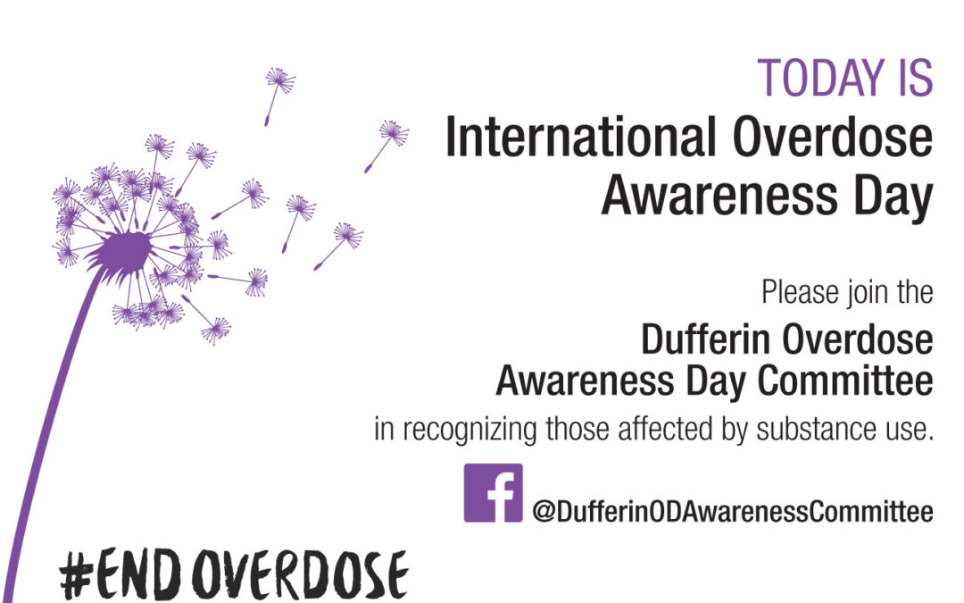 International Overdose Awareness Day advertising for tomorrow August 31 displaying logo and social media location.