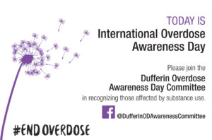 International Overdose Awareness Day advertising for tomorrow August 31 displaying logo and social media location.