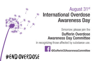 International Overdose Awareness Day advertising for tomorrow August 31 displaying logo and social media location