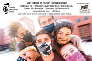 Six young adults wearing masks, huddled together posing happily to advertise for Self-Esteem In-Person Fall Workshops for Family Transition Place.