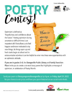 Poetry Contest poster for six word optimism poems by students in partnership with Orangeville Public Library.
