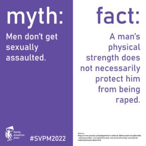 myth men don't get sexually assaulted fact a man's physical strength does not necessarily protect him from being raped sexually violence prevention month graphic