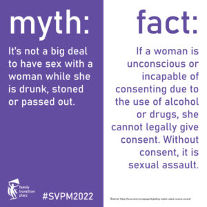 Myth versus fact related to sexual violence in acknowledgement of sexual violence prevention month 2022.