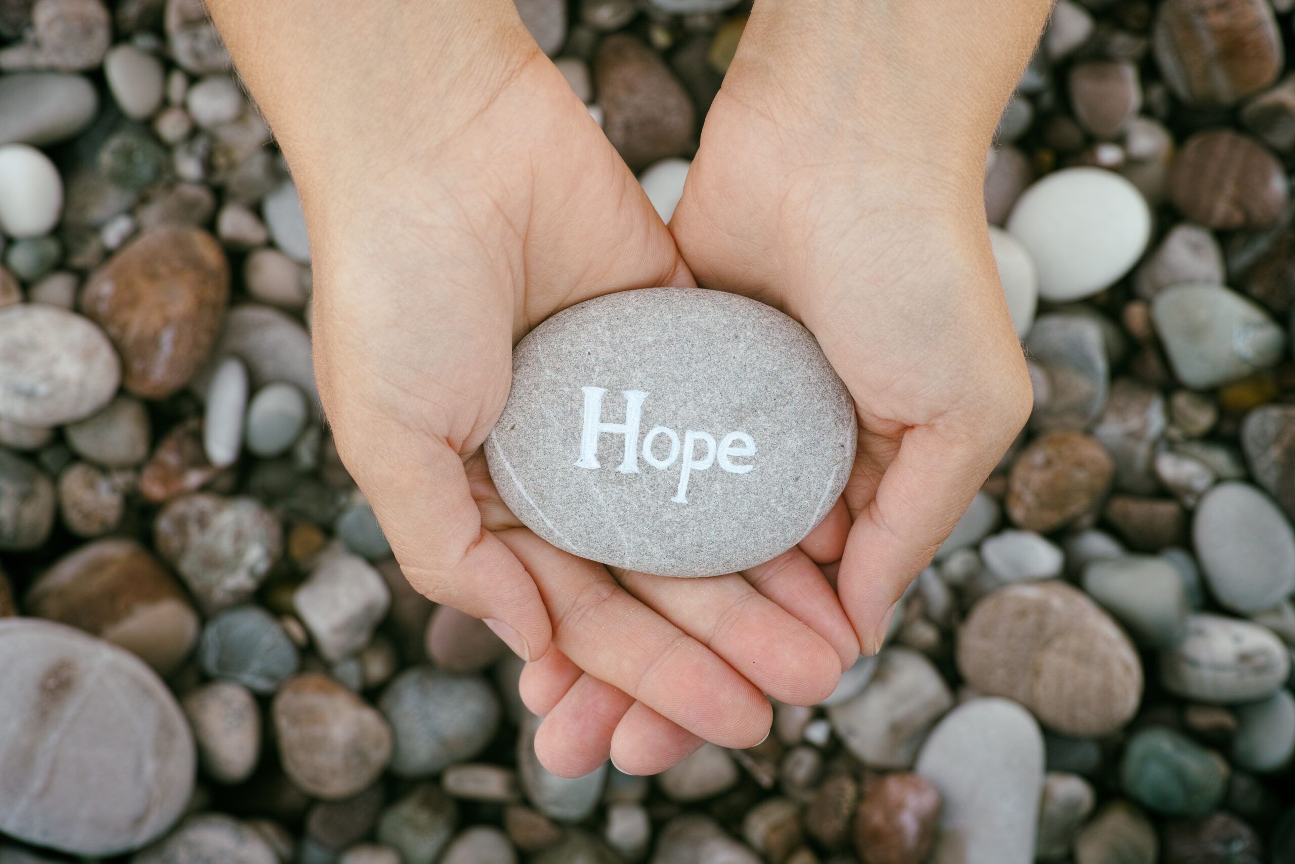 hands holding a rock with the word hope on it