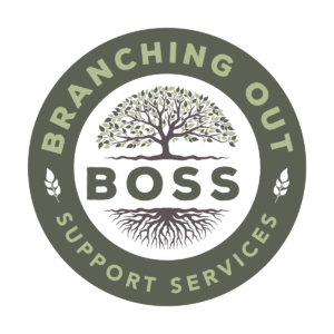Circular branching out support services logo with tree and roots.