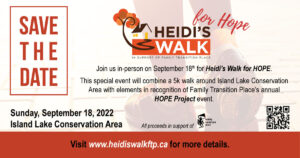 Heidi's Walk for Hope save the date graphic walking image September 18, 2022 event date at Island Lake Conservation Area.