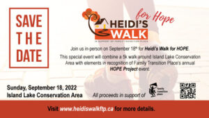 Heidi's Walk for Hope save the date graphic walking image September 18, 2022 event date at Island Lake Conservation Area