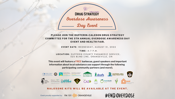 Overdose Awareness Day poster featuring community partner logos and details about August 31 event and health fair