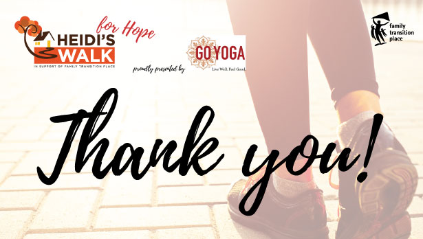 Background image of feet walking on road towards sunset with sponsorship acknowledgement for GoYoga Orangeville