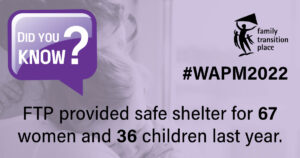Did you know? Family Transition Place provided safe shelter for 67 women and 36 children last year. In recognition of woman abuse prevention month 2022.