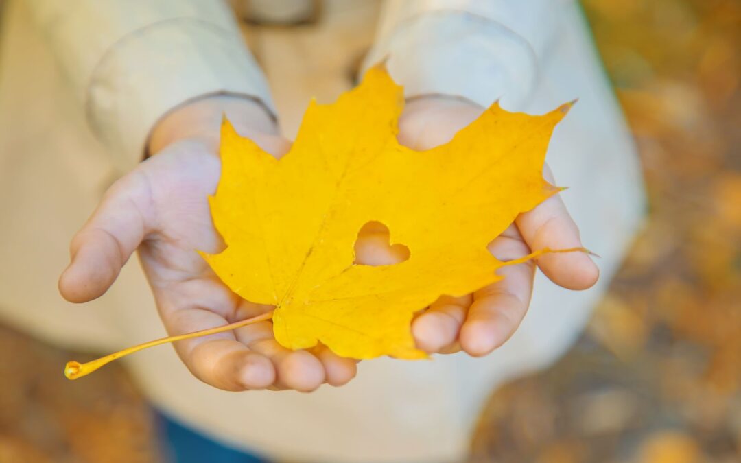 Hands holding a yellow coloured Fall leaf with a heart hole in the centre.