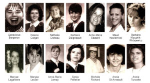 Headshots of fourteen women labelled with names who were killed in Montreal in 1989.