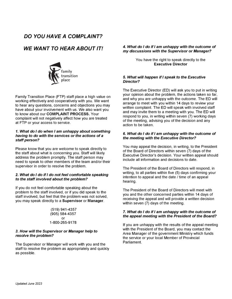 Do you have a complaint brochure containing information on how to submit a complaint with Family Transition Place