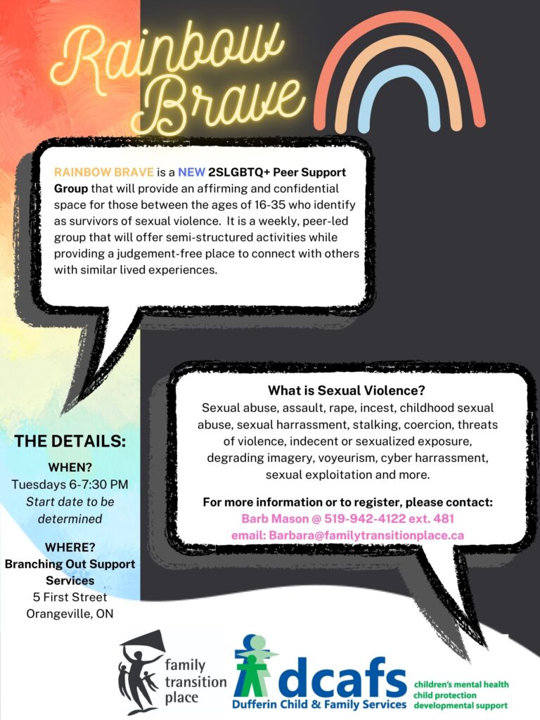 Rainbow Brave postcard with information about 2SLGBTQ+ peer support for those ages 16 to 35 who identify as survivors of sexual violence