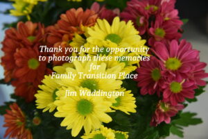 Bouquet of flowers noting a thank you from Jim Waddington for allowing him to take the photographs of Heidi's Walk for Hope for Family Transition Place.
