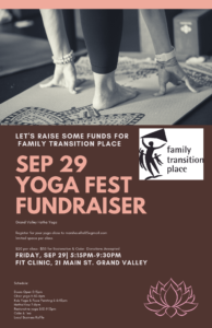 Grand Valley Hatha Yoga September 29 fundraising event poster being held at FIT Clinic