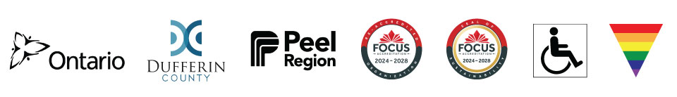Government of Ontario, Dufferin County, Peel Region, 2024-2028 FOCUS Accreditation, Seal of Sustainability, accessibility and positive space logos