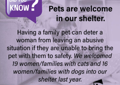 Did you know pets are welcome in our shelter. Having a family pet can deter a woman from leaving an abusive situation if they are unable to bring the pet with them to safety. We welcomed 19 women or families with cats and 16 women or families with dogs into our shelter last year blonde woman with cat and child on purple background