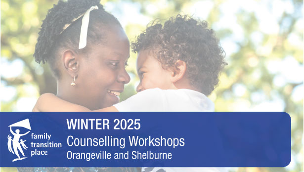 Black woman holding her child laughing with trees in the background advertising Family Transition Place's winter counselling workshop flyer